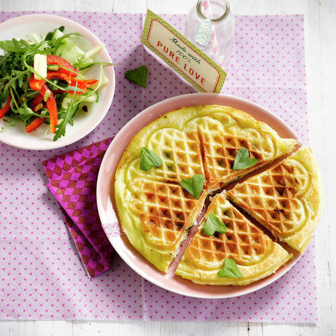 Waffle with cream cheese, rocket and pepper salad