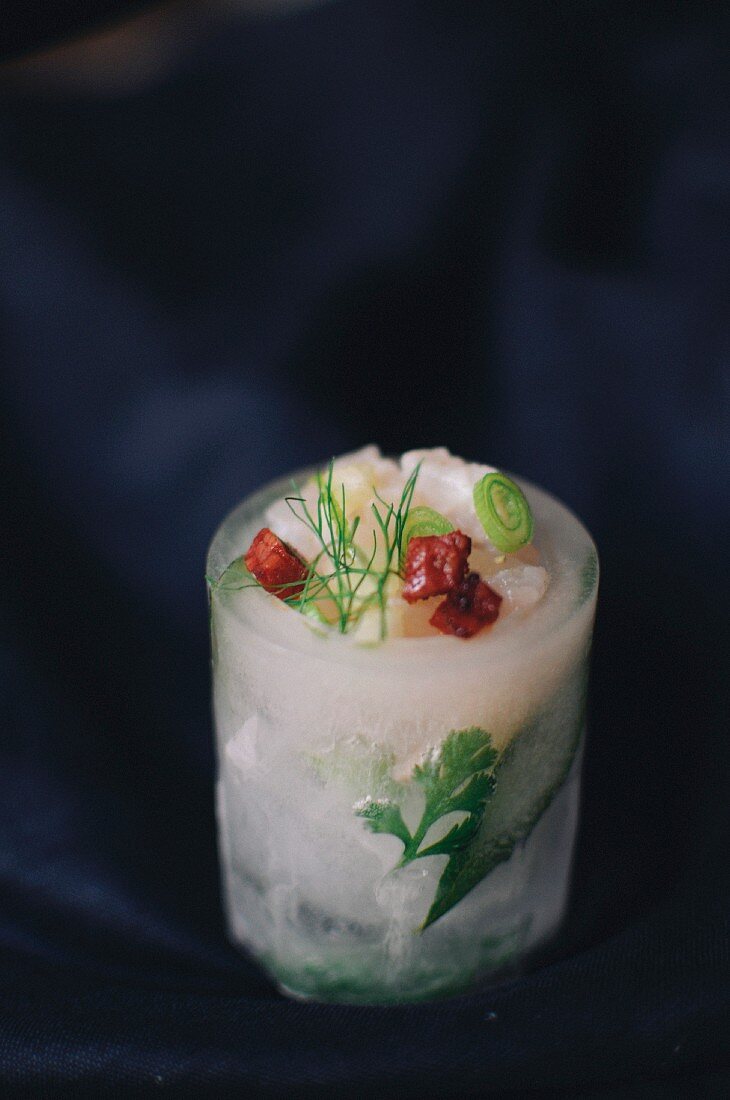 Bass,chorizo and fennel tartare ice shot snack