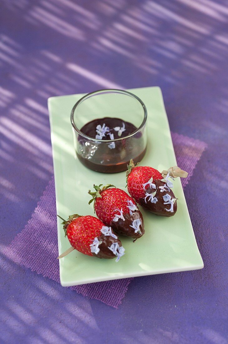 Strawberries dipped in chocolate and rosemary flower brochettes