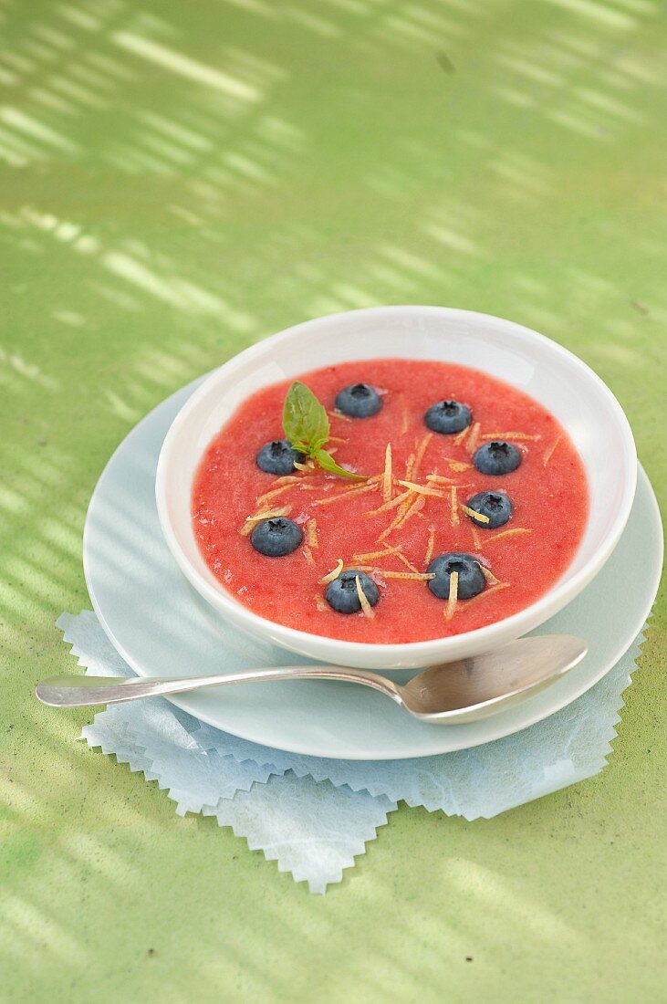 Strawberry gaspacho with blueberries