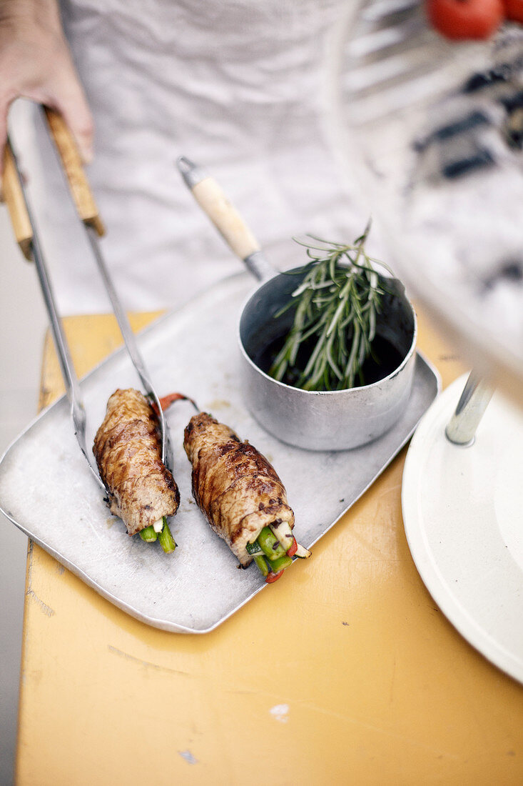 Veal and summer vegetable rolls,rosemary sauce