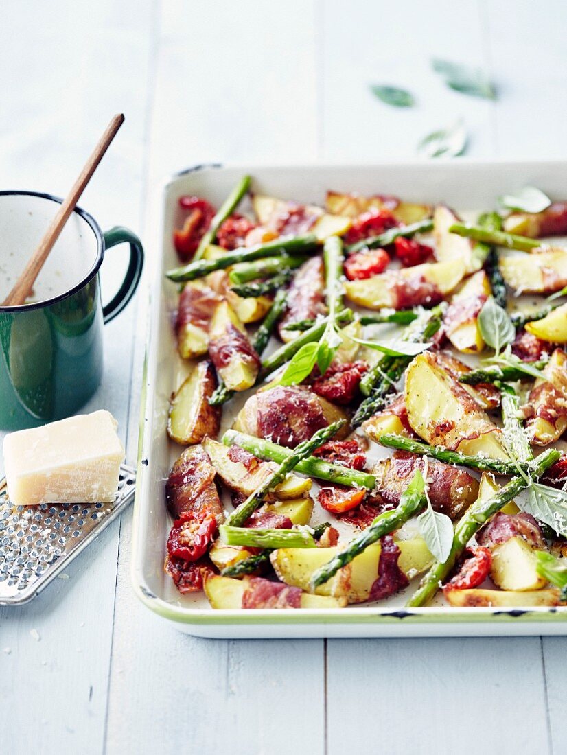 Oven-baked mixed vegetables with bacon