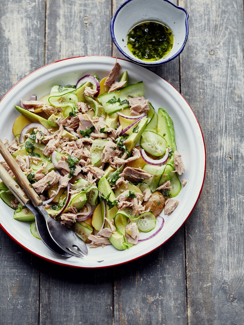 Cucumber,avocado,potato,red onion and tuna salad,fresh herb vinaigrette