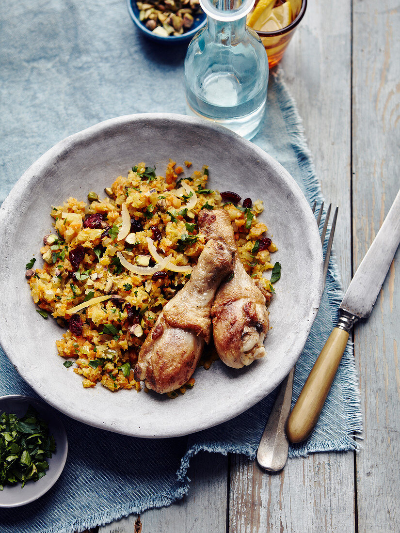 Chicken drumsticks,mashed pumpkin with cranberries,pistachios,onions and herbs