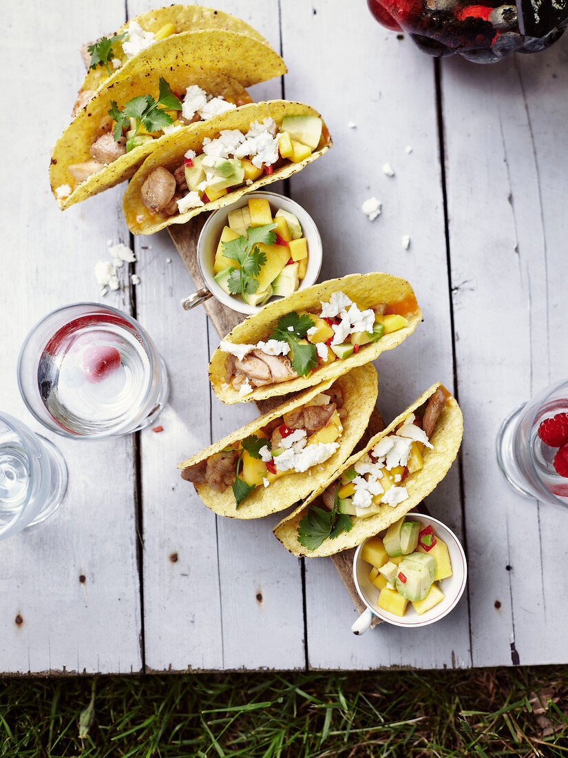 Chicken,feta,pineapple and avocado tacos