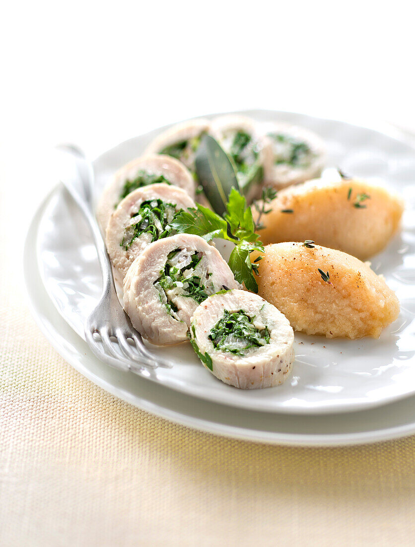 Chicken roulade with parsley and celery puree with nutmeg