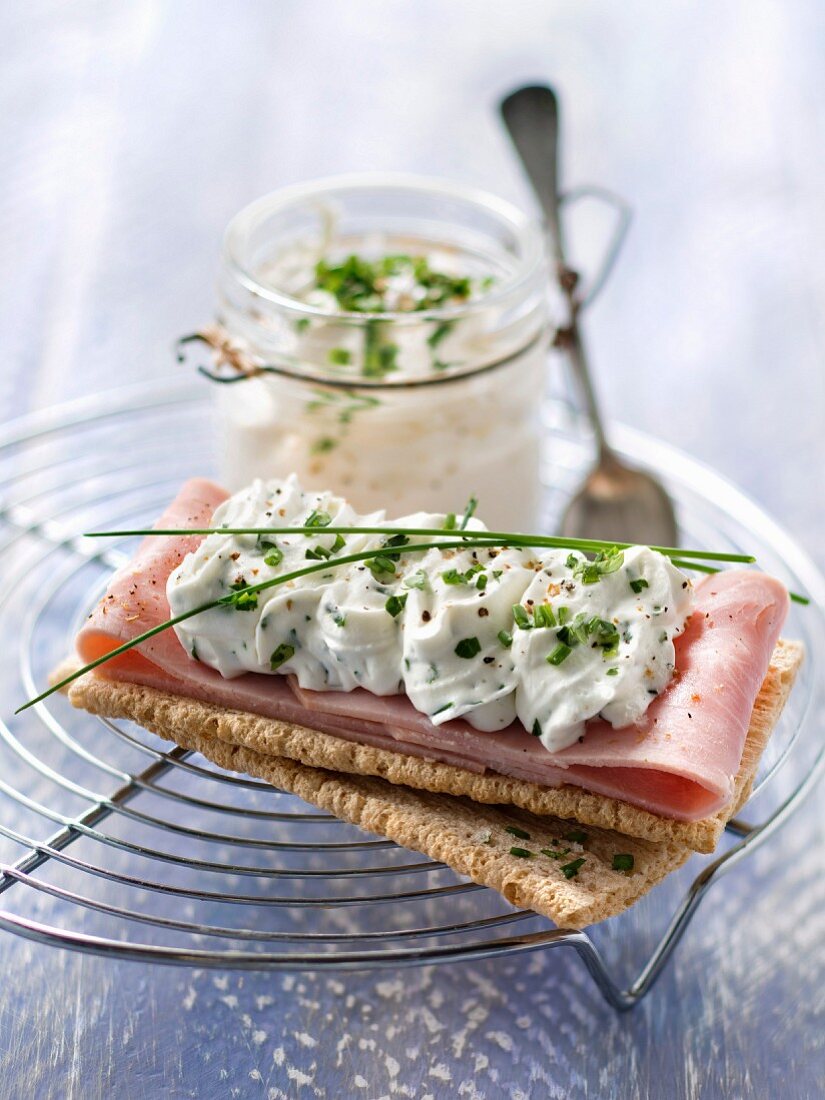 Crunchy ham sandwich with herbal whipped cream