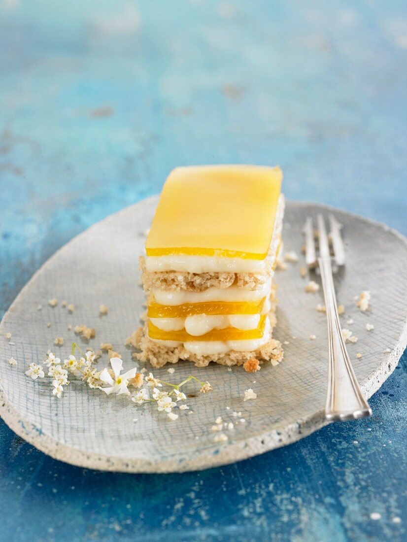 Shortbread mille-feuille with orange jelly and elderberry, jasmine and coconut cream