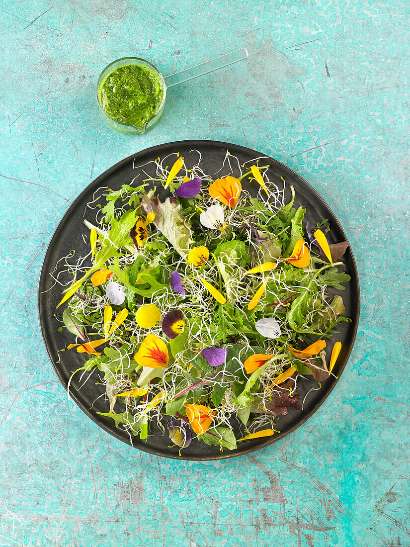 Salat mit Blumen und gekeimten Sprossen.