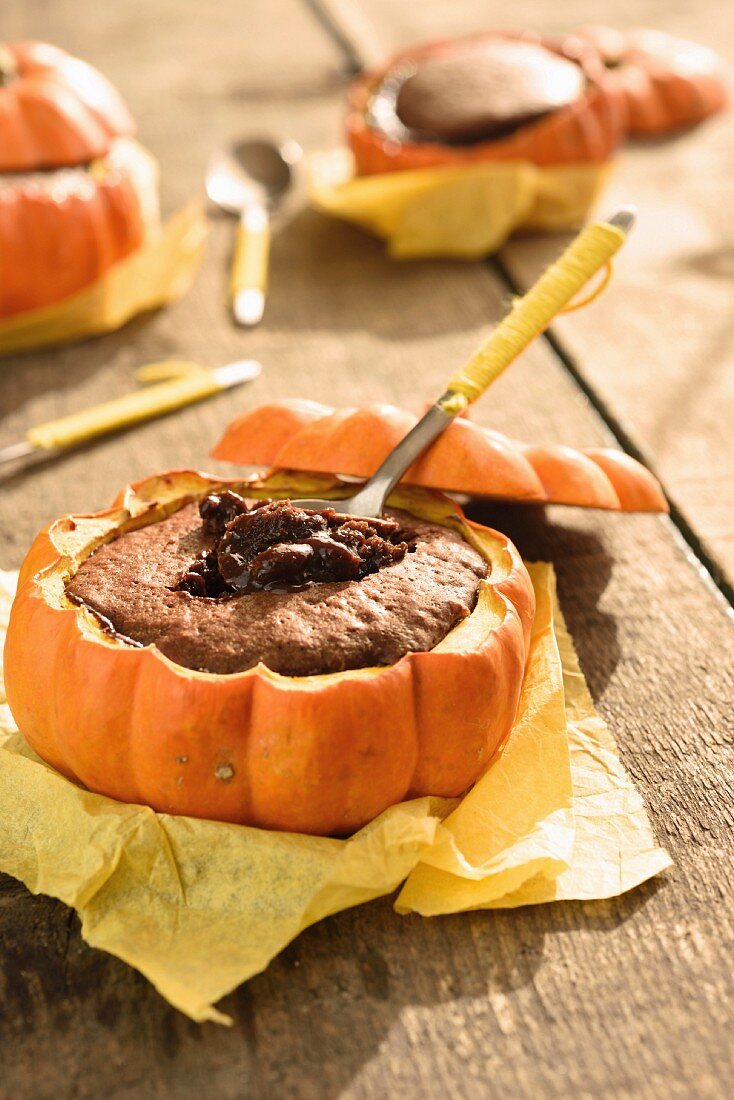 Pumpkin and chocolate fondant in a pumpkin skin