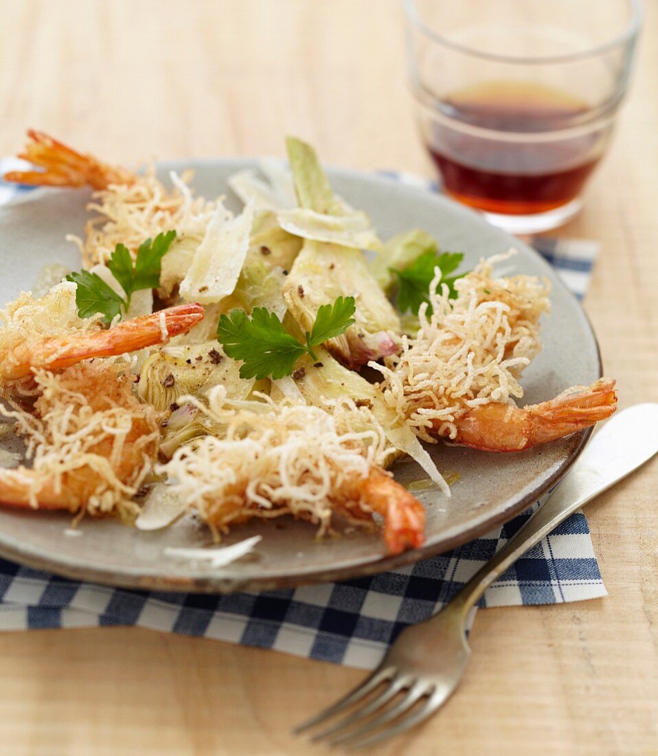 Artichoke salad with Parmesan cheese, crispy prawns in kadaif