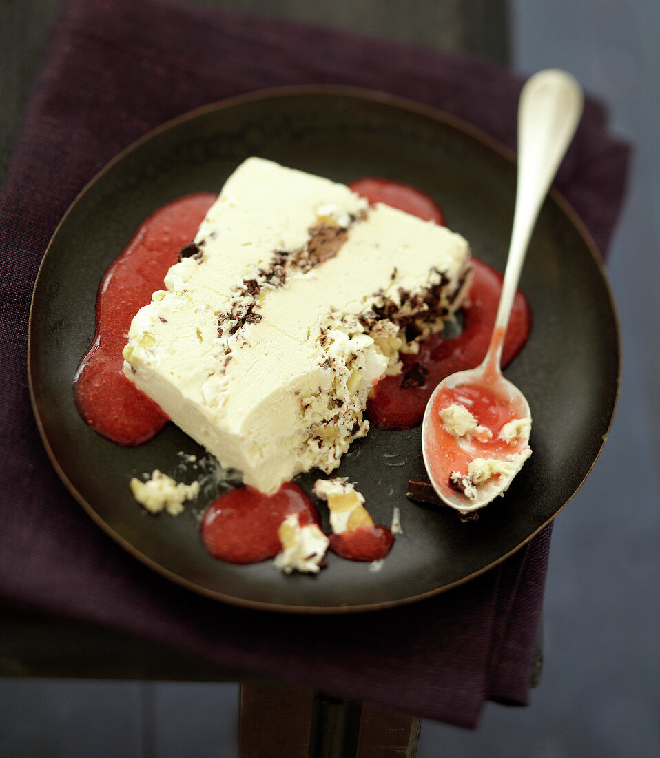 Semifreddo terrine with sabayon and strawberry coulis