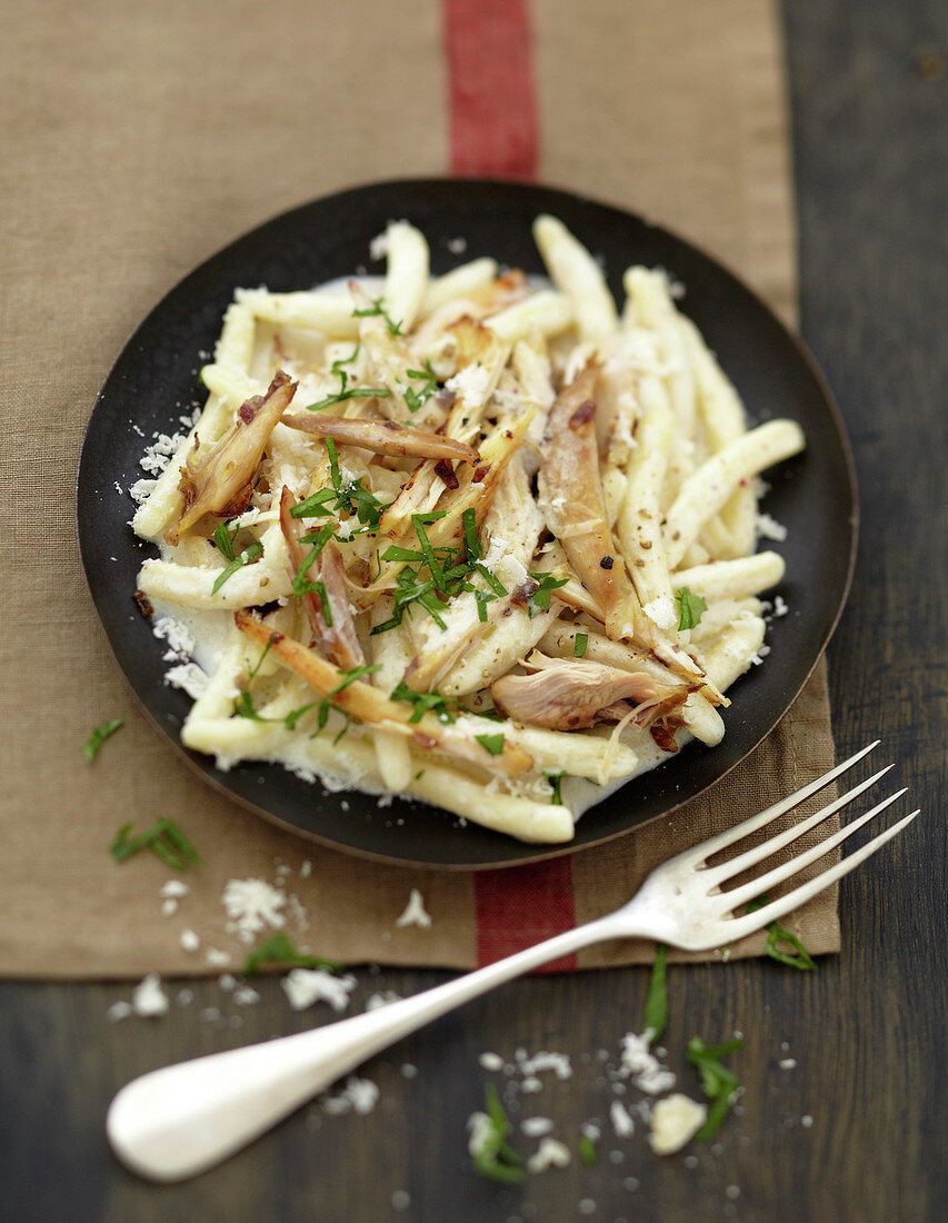 Fusilli paean with chicken and creamy parmesan sauce