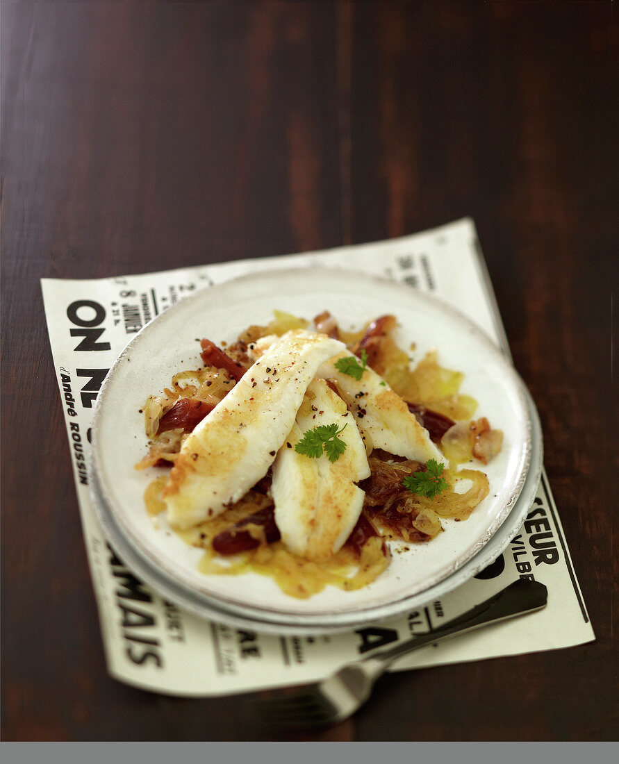 John Dory fillets with browned onions and dates