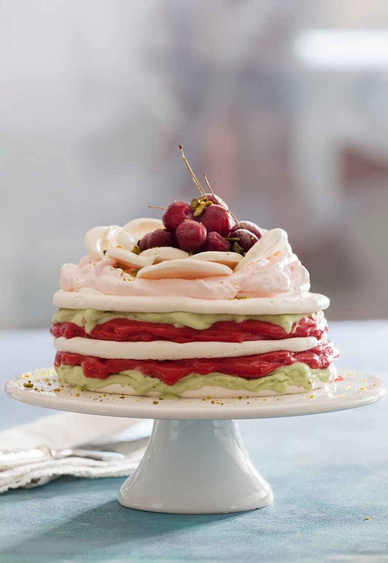 Vacherin with sour cherries and pistachios