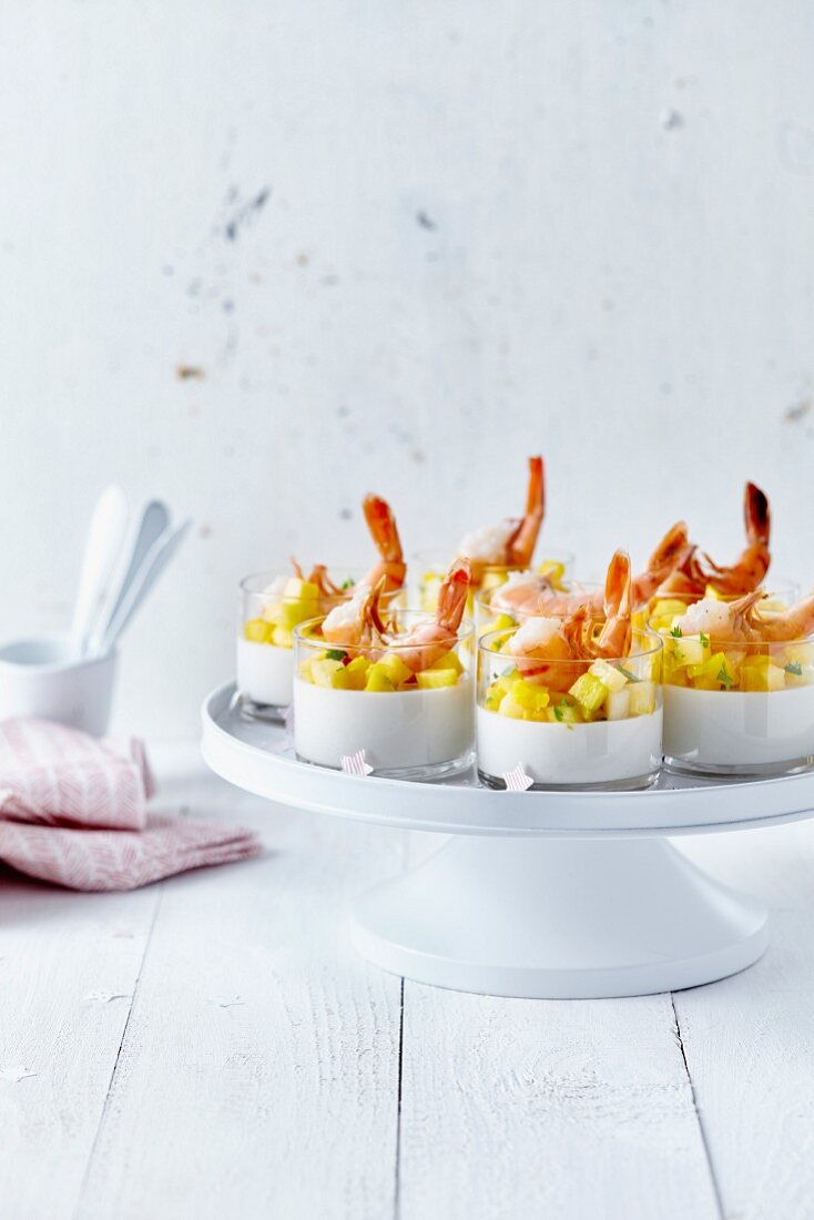 Savoury panna cotta with shrimps and diced mango