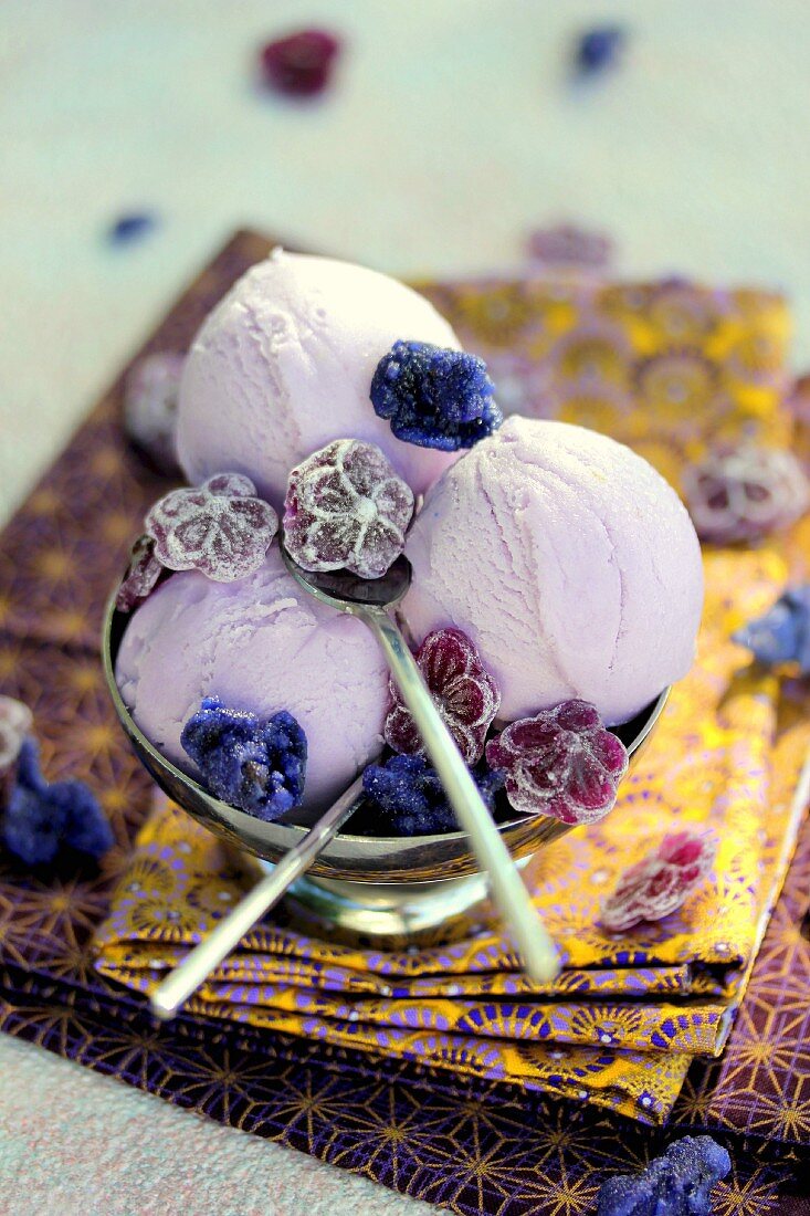 Scoops of lavender candy sorbet