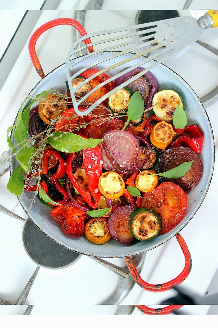 Roasted mixed vegetables with coarse salt and herbs