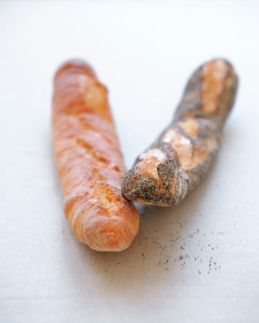 Traditional baguette and poppyseed baguette