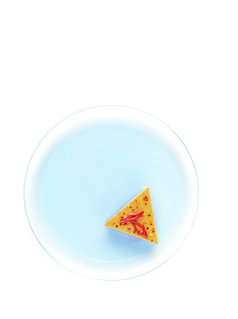 Dreieck von Foie Gras mit Gewürzen auf blauem aromatisiertem Gelee