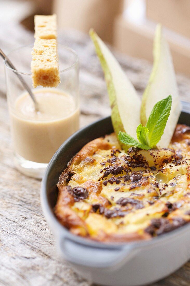 Pear, mint and chocolate clafoutis