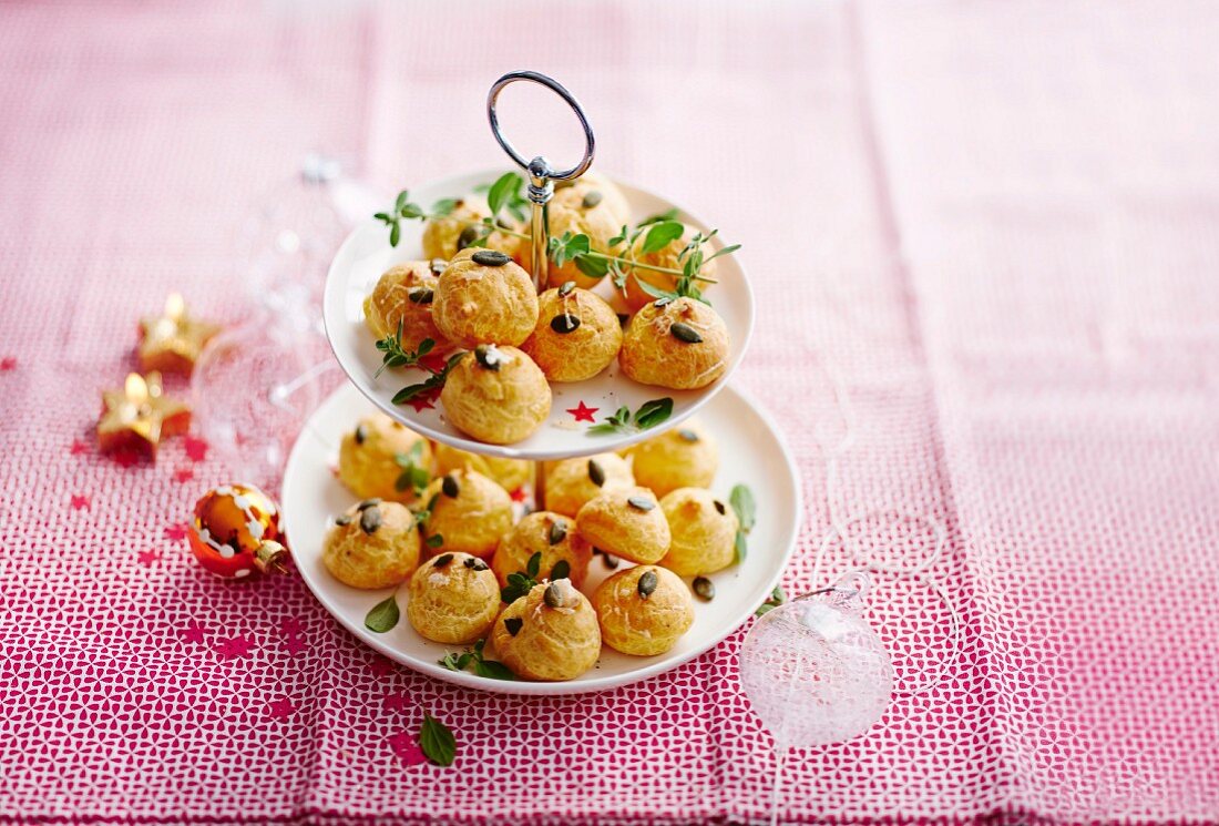 Beaufort and squash seed savoury cream puffs