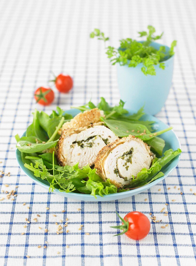Rolled chicken bread with herbs and sesame seed crust