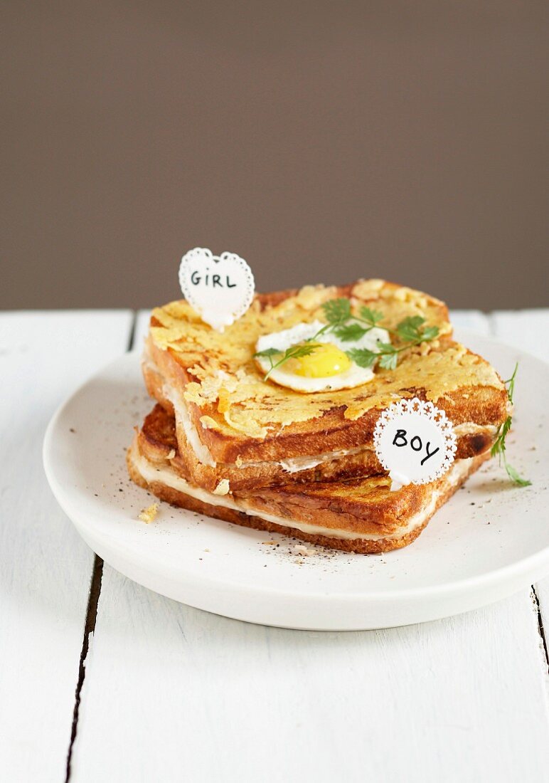 Cheese and ham toasted sandwich and one topped with a fried egg, labels in English