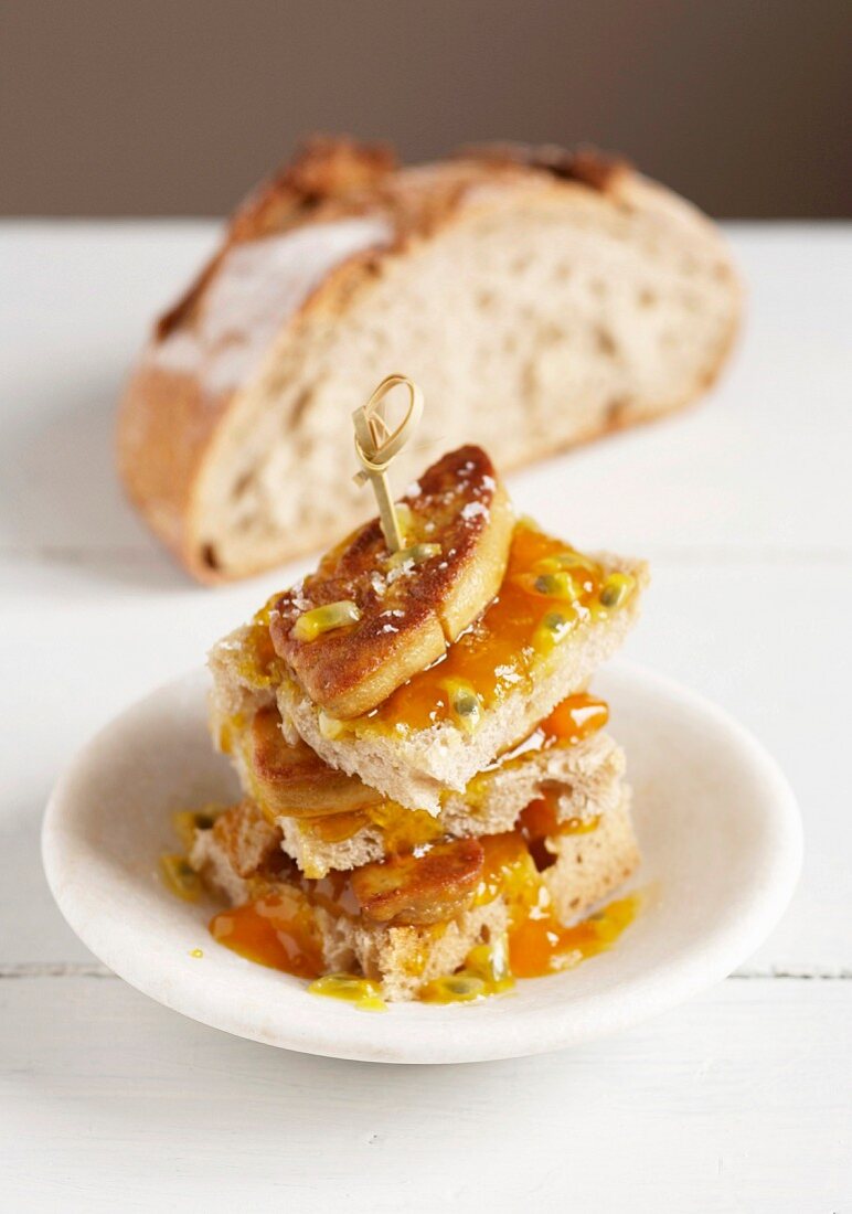 Foie gras and passion fruit jam layered sandwich