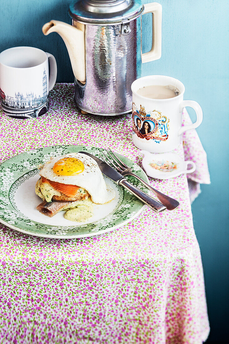 Victorian egg with salmon and herrings for an English breakfast