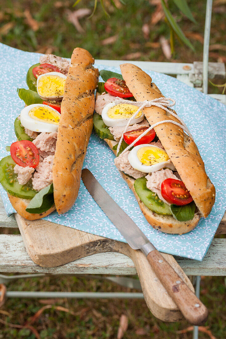 Tuna baguettes with red and green tomatoes and egg