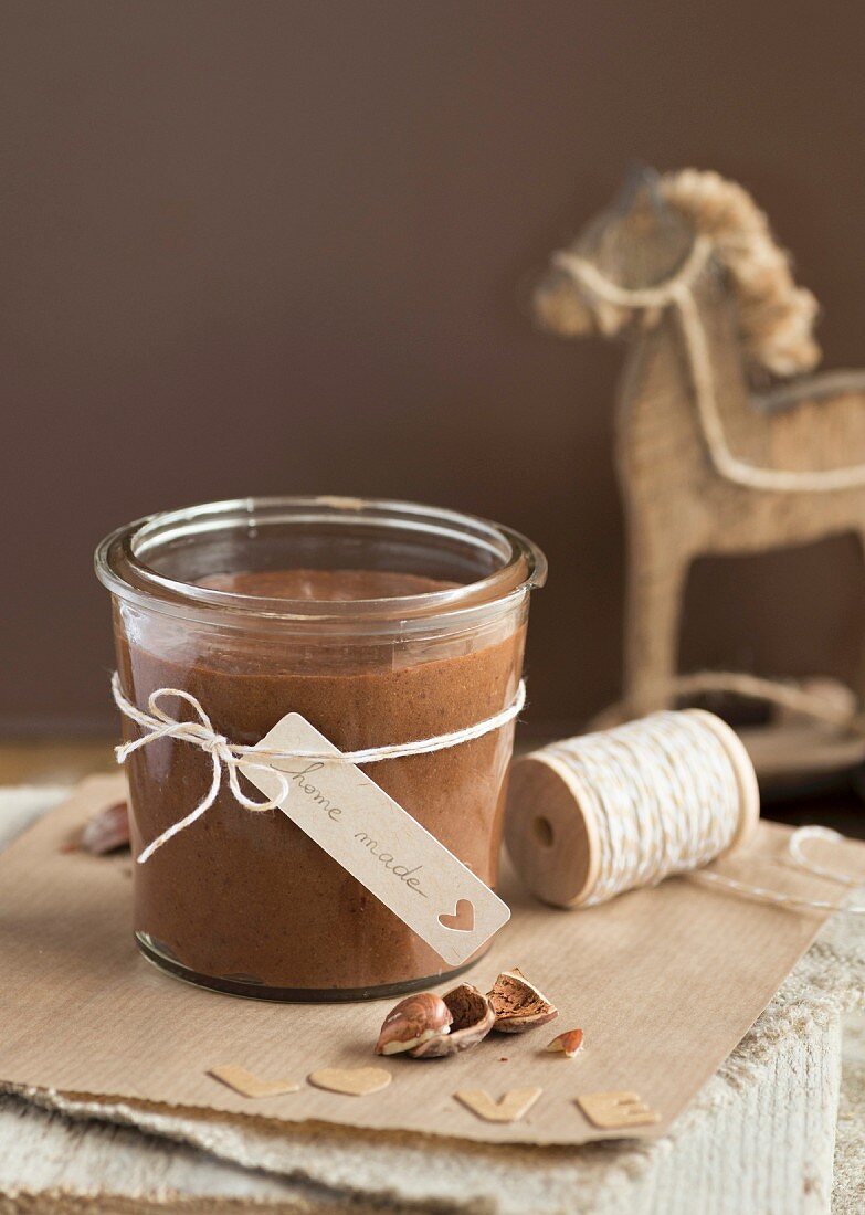 Jar of homemade chocolate-hazelnut spread