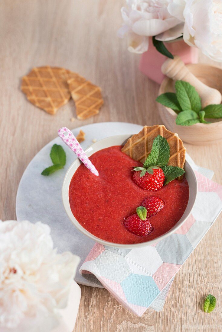 Strawberry soup and homemade wafles