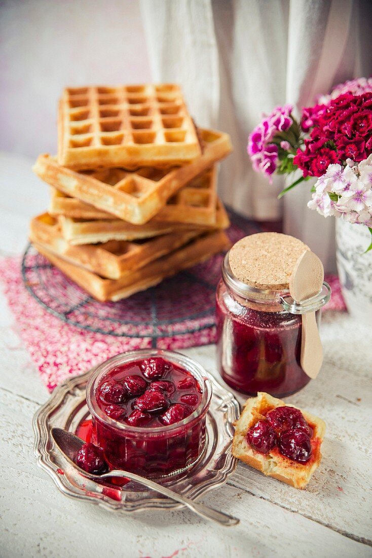 Waffles with stewed cherries