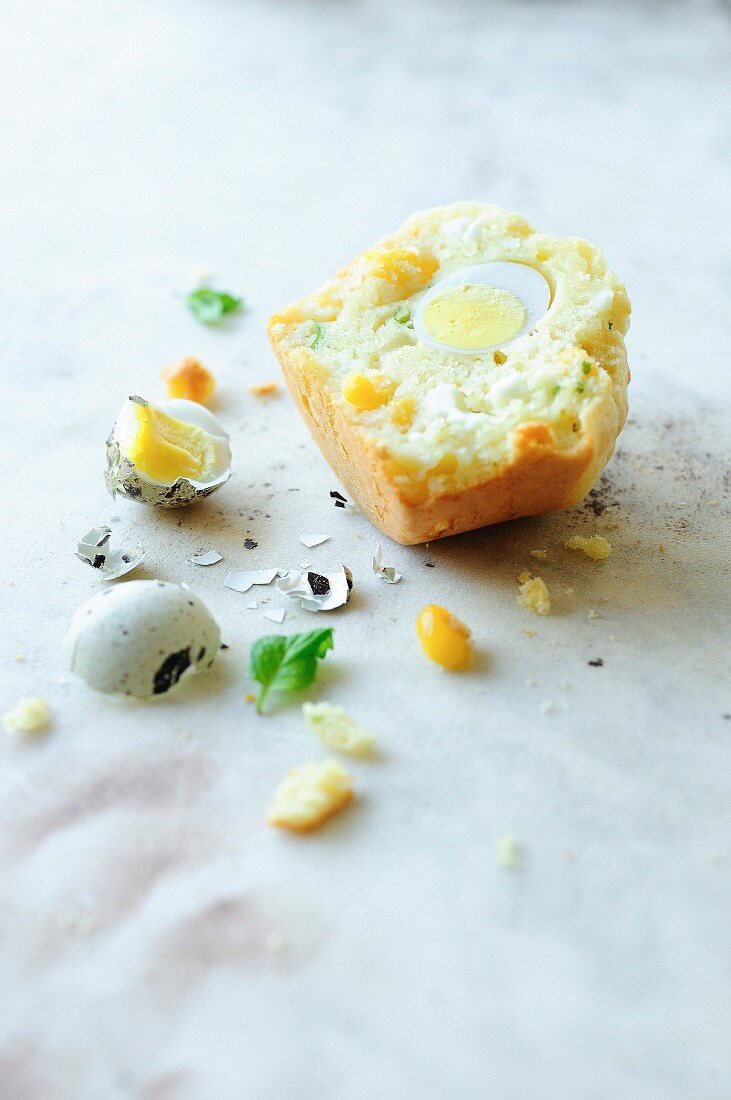 Sweet corn, feta and quail's egg Easter muffins