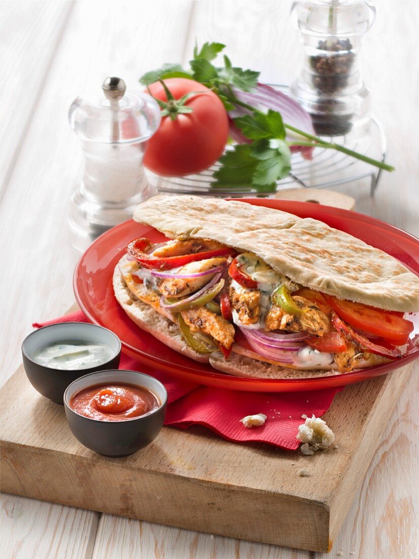 Chicken and multicolored pepper kebab, pepper and ketchup sauce