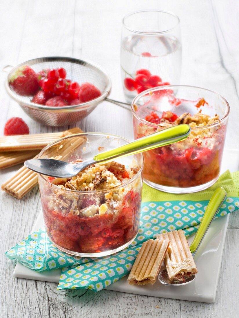 Fresh summer fruit and raspberry Paille d'or crumbles
