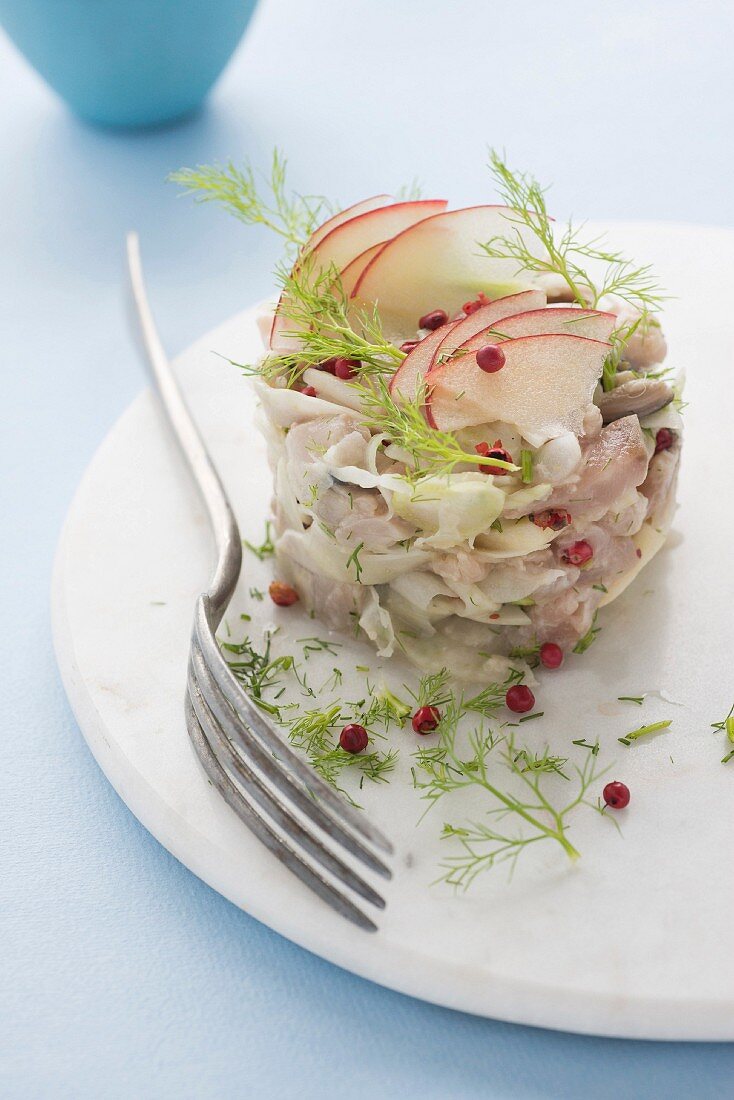 Mackerel, fennel and apple tartare with raspberry vinegar