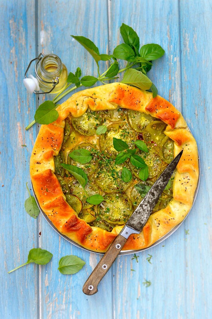 Green tomato and basil veggie tart