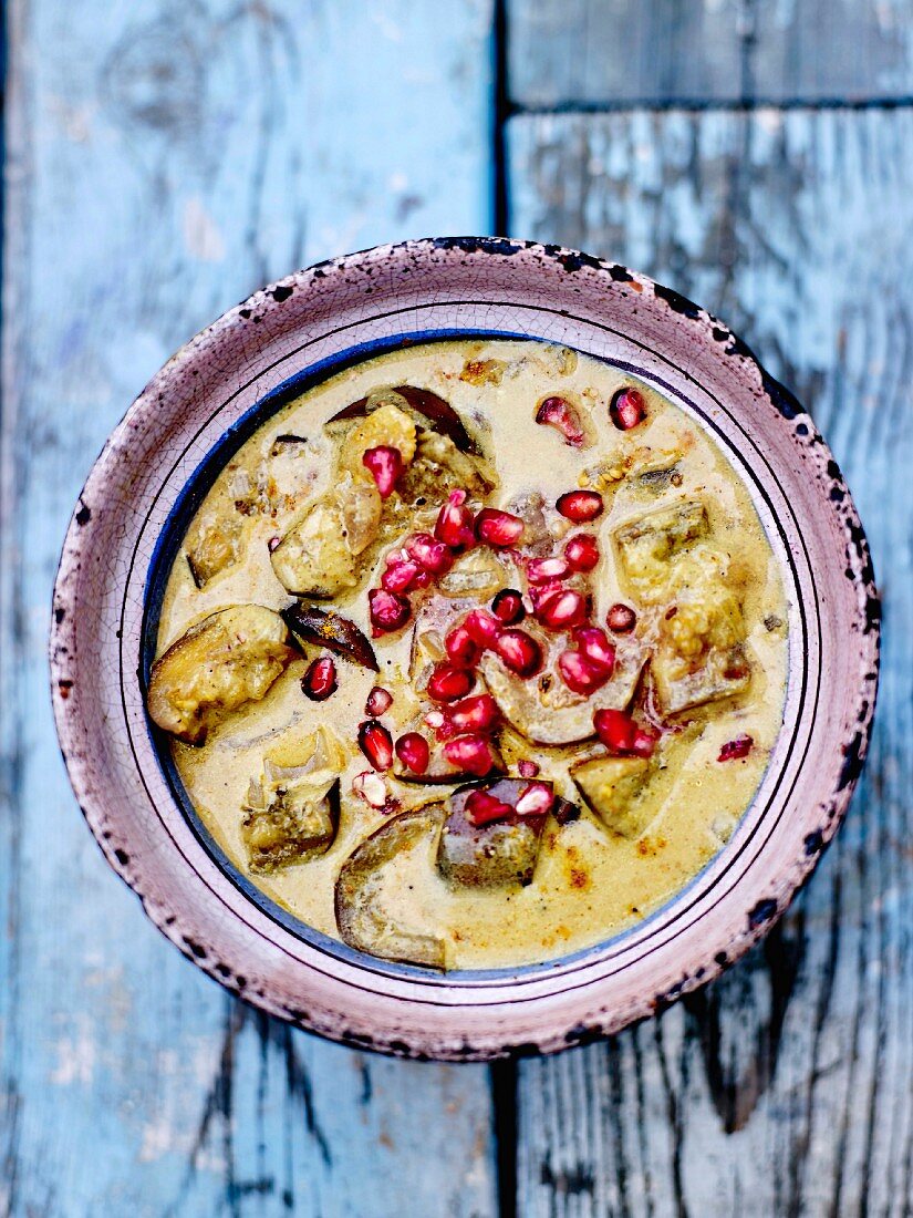 Aubergine curry with pomegranate seeds