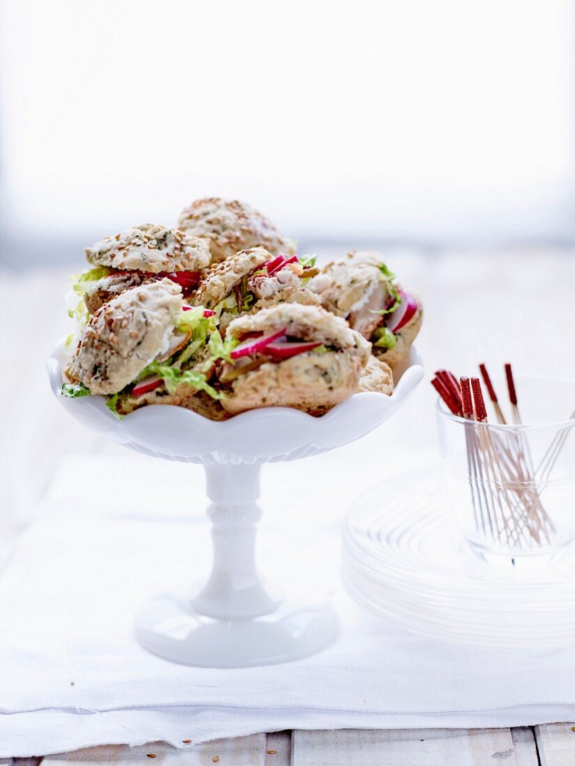 Red mullet, radish and samphire small rice bread sandwiches