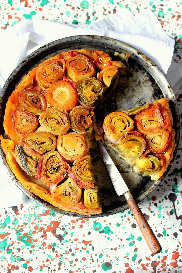 Sliced leek, carrot and pepper savoury tart