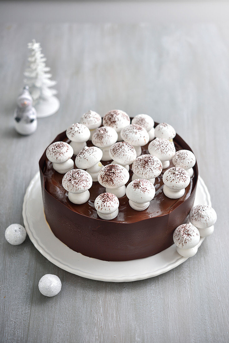 Chocolate and meringue mushroom Christmas cake