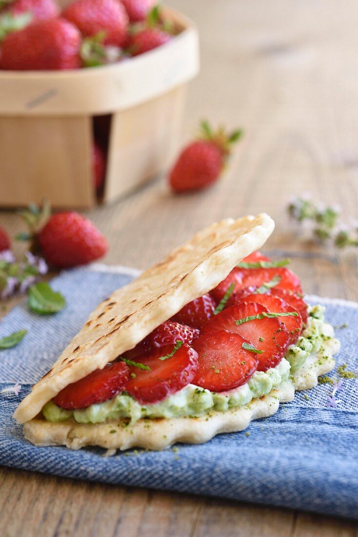 Mascarpone, green tea and strawberry Piadina galette sandwich