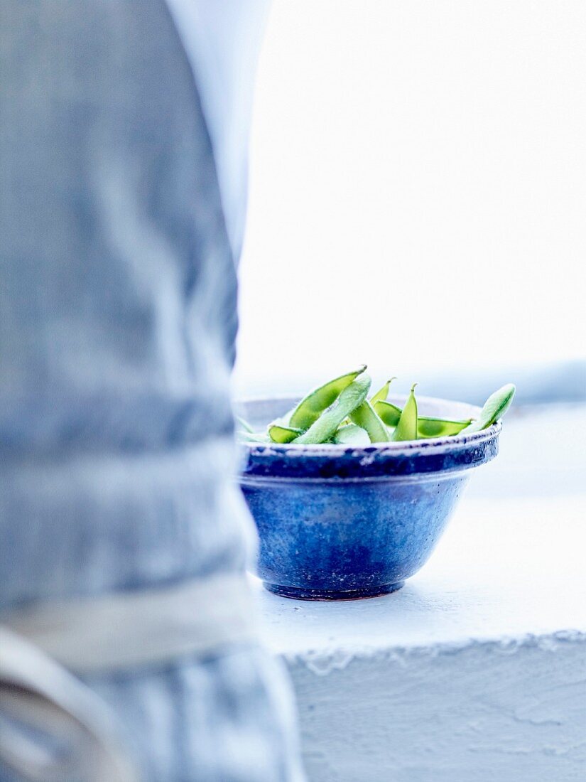 Bowl of broad beans with pods