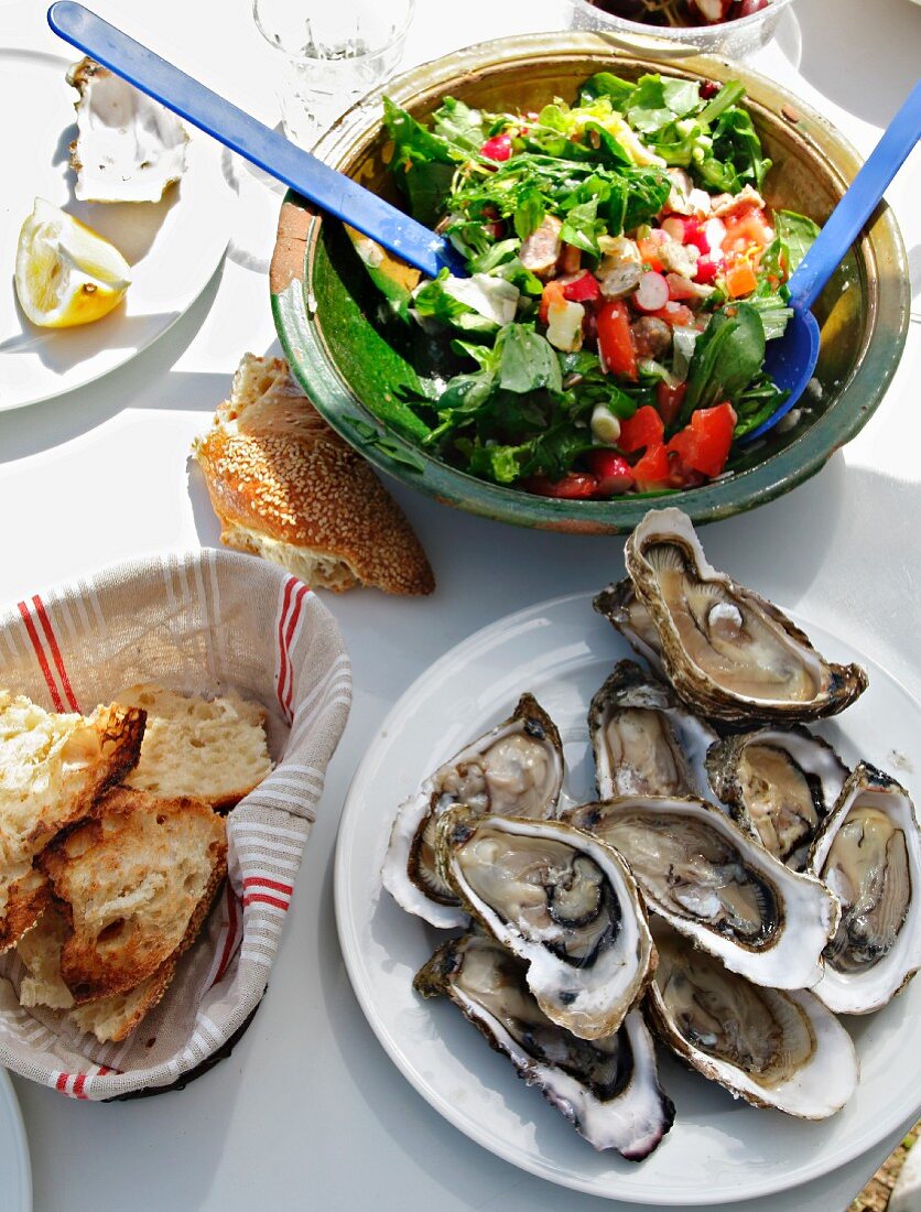 Plate Of Oysters And A Mixed Salad On A Table