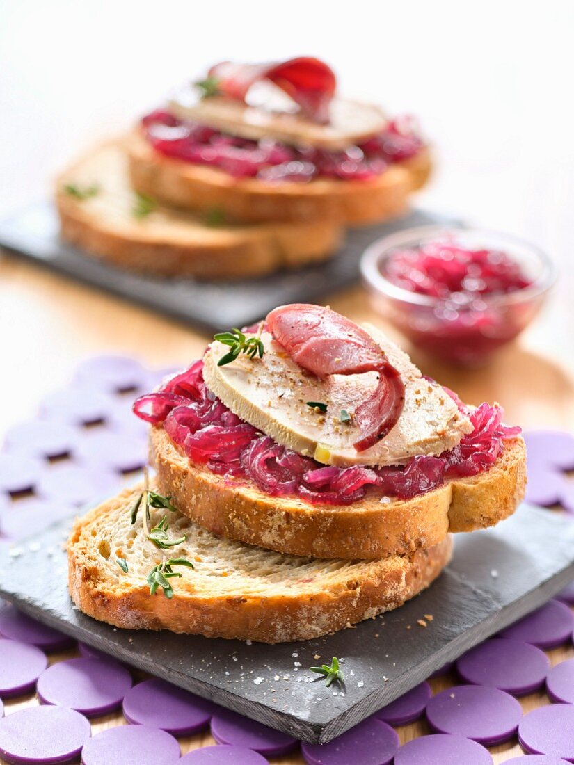 Foie Gras,Smoked Magret And Stewed Red Onions On Belin Toasted Country Bread