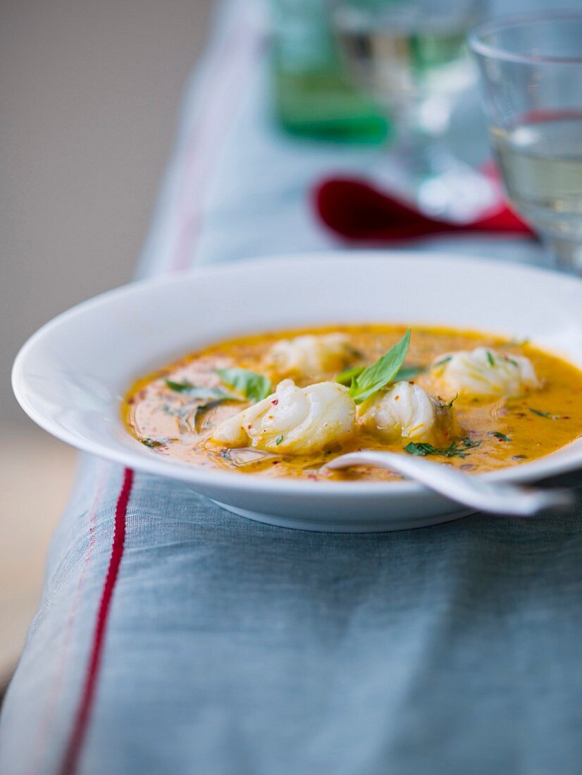 Monkfish, pepper cream and basil Nage