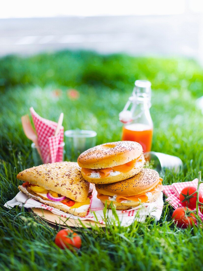 Nordic bagel and chicken, fromage frais and marinated vegetable sandwich for a picnic on the lawn