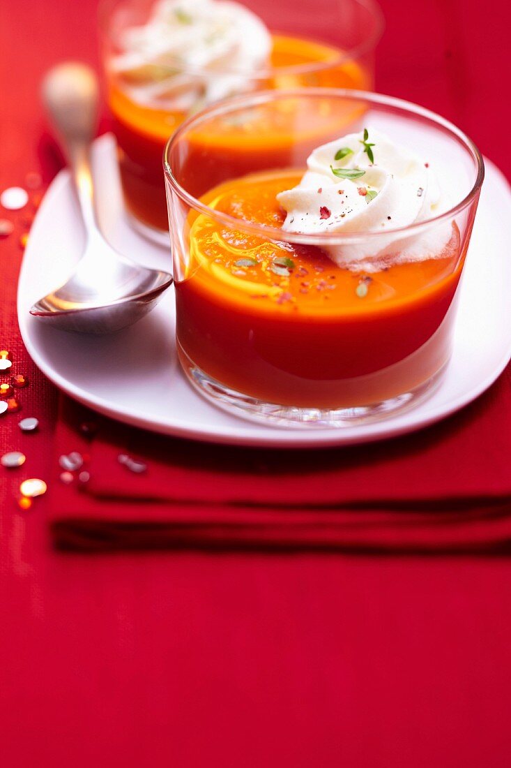 Tomato, red pepper and cucumber gazpacho with olive oil